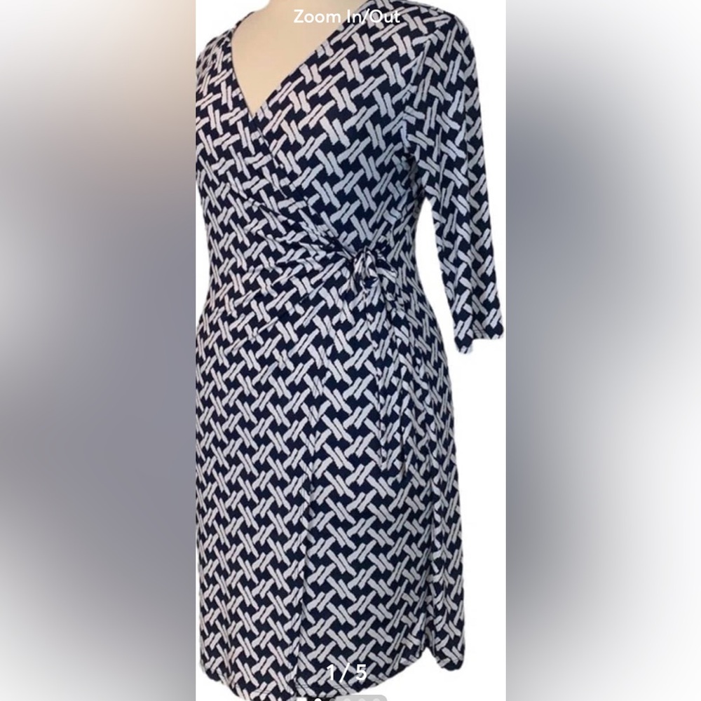 Faux Wrap Dress by Gilli-Navy White Basket Weave Print